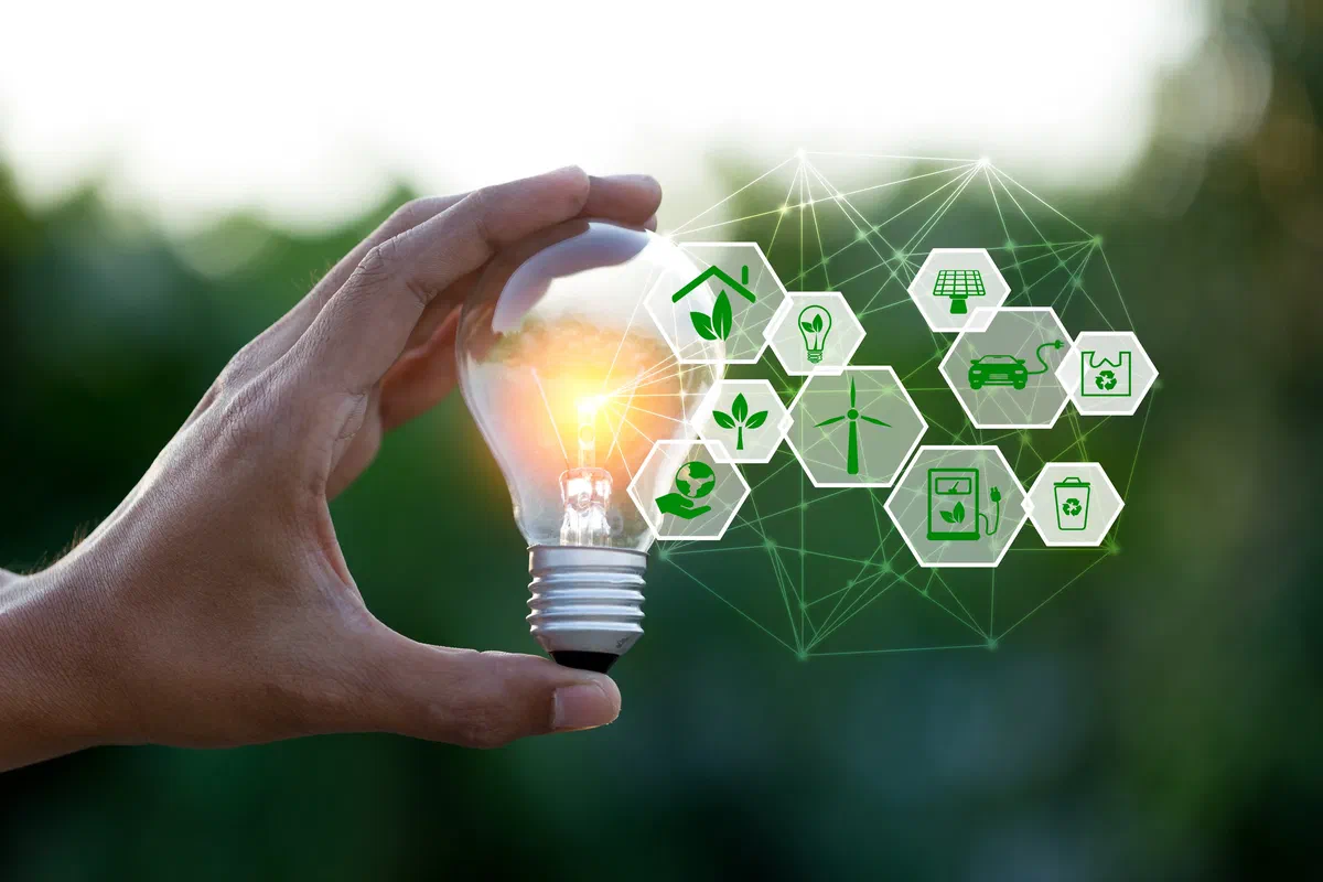 Een gloeilamp met elementen van de energiesector