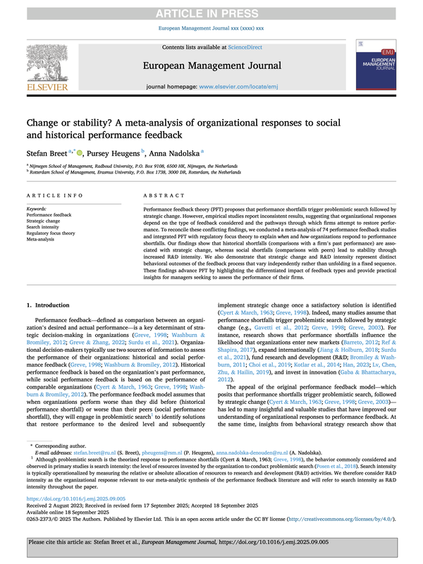 Change or stability? A meta-analysis of organizational responses to social and historical performance feedback