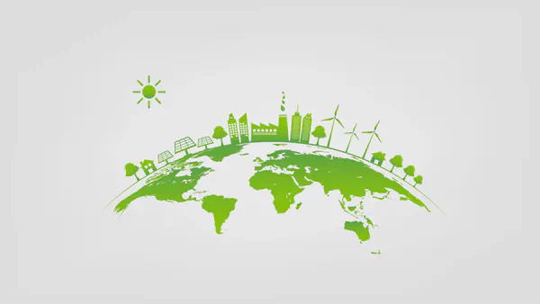 An illustration of planet earth with business activities on top of it