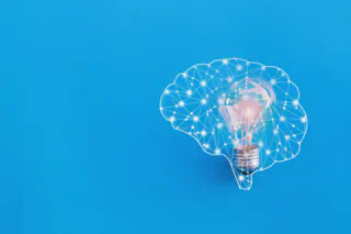 A lightbulb representing an idea surrounded by a network in the form of a brain.